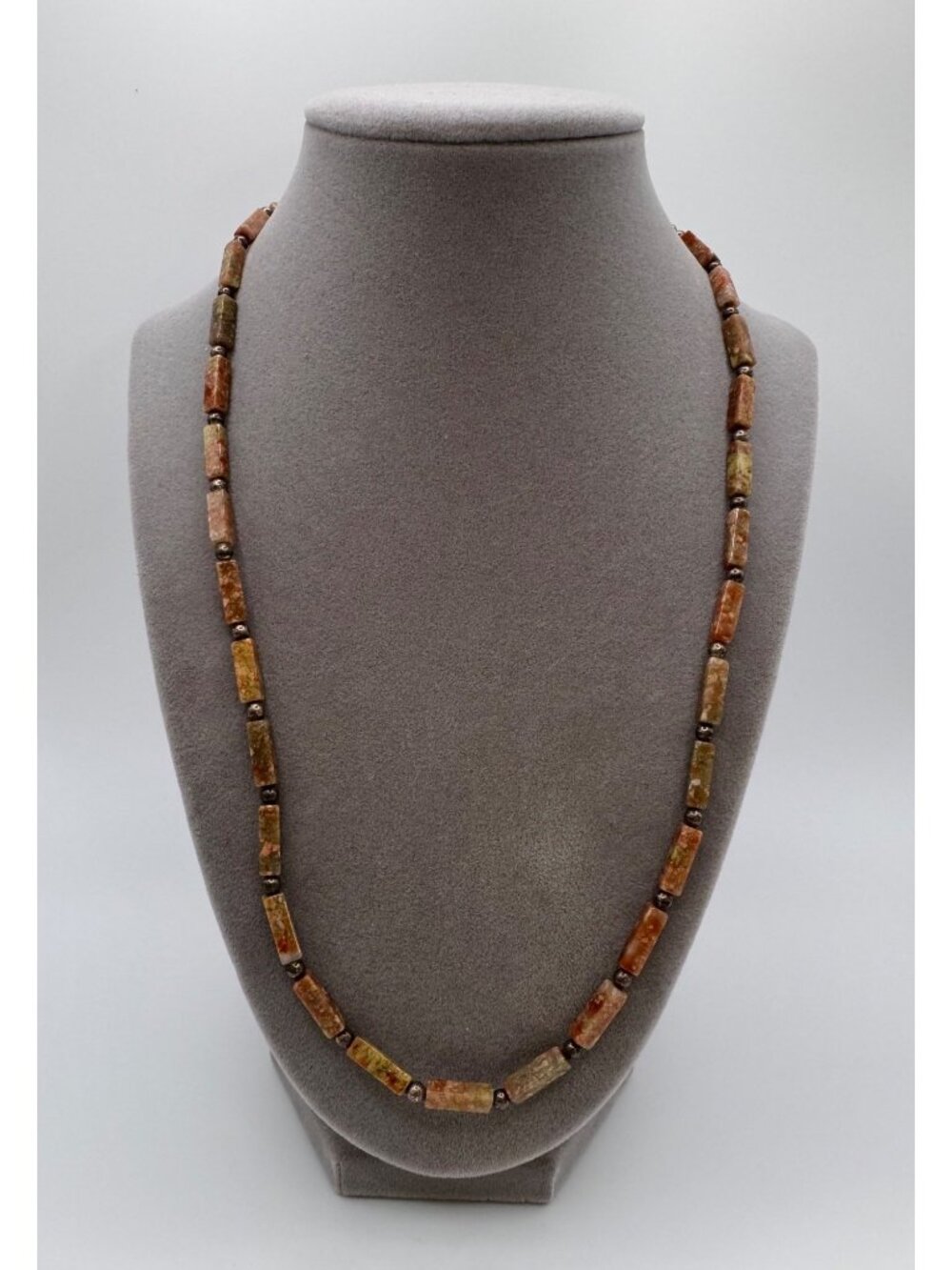 Rhyolite Jasper Tube Bead Necklace 925 Silver Findings Spacers 21” Boho